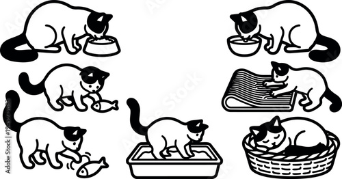 Black and white line art of playful cats eating playing scratching and resting in basket set of seven vector icons