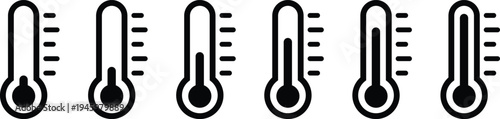 Six black and white thermometer illustrations in a row on white background