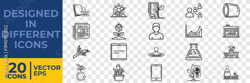 A collection of 20 flat vector icons designed for different themes, including business, science, and everyday life, presented in EPS format.