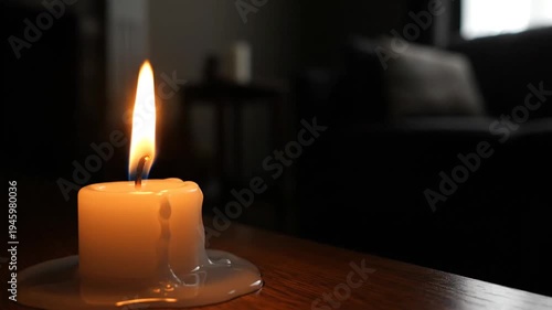Wallpaper Mural A single lit candle on a wooden table in a dark living room with a couch and side table in the background, used for ambiance or relaxation Torontodigital.ca
