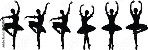 Black Silhouette Set of Professional Female Ballet Dancers Performing Graceful Poses in Tutus for Dance School and Classical Stage Performance