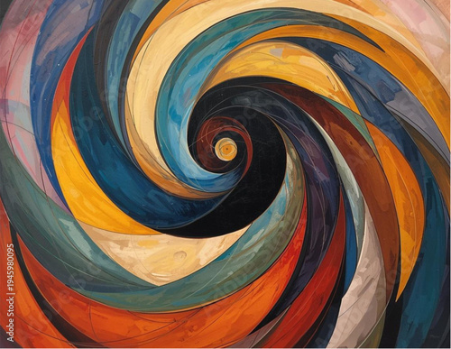 Vibrant swirling spiral design with colorful abstract shapes and bold brushstrokes