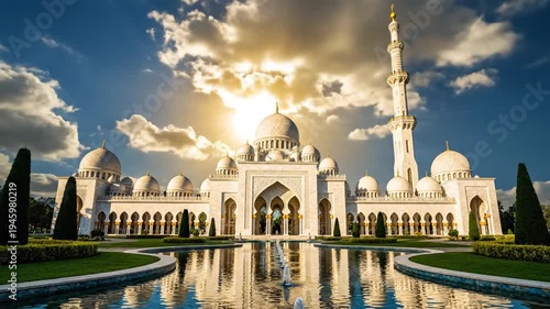 Wallpaper Mural A serene mosque with white domes and a tall minaret stands majestically in a lush garden, reflecting off a calm pool under a blue sky with clouds Torontodigital.ca