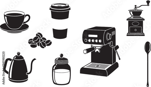 

Vector illustration of a household kitchen appliance set featuring a black espresso coffee machine, blender, and microwave icons with a hot beverage mug for breakfast