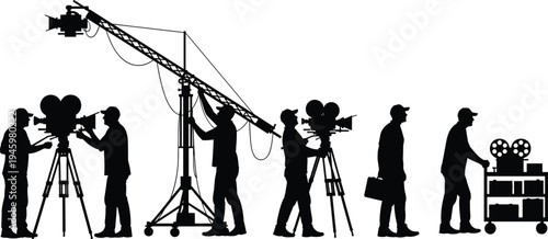 Black Silhouette Set of Professional Film Crew Operating Cinema Cameras and Jib Cranes for Movie Production and Television Broadcast Studio