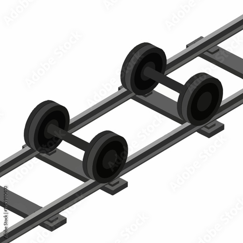 Isometric rail wheelsets on steel track.