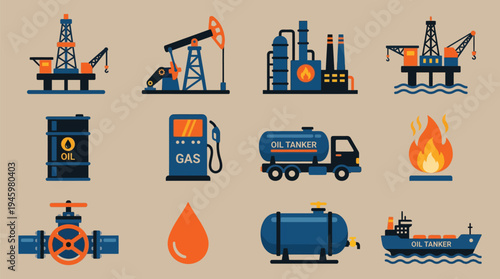 Petroleum Oil Industry Icons Set Solid Flat Vector Illustration