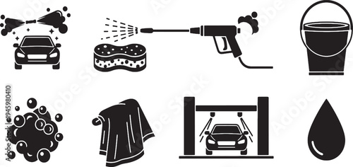 Vector set of black and white tool and weapon icons with water elements including drills clamps pistols and rifles in a simple silhouette style for technology and equipment themes