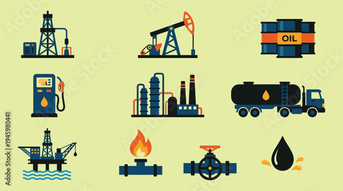 Petroleum Oil Industry Icons Set Solid Flat Vector Illustration