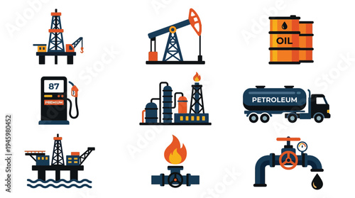 Petroleum Oil Industry Icons Set Solid Flat Vector Illustration