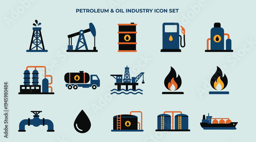 Petroleum Oil Industry Icons Set Solid Flat Vector Illustration