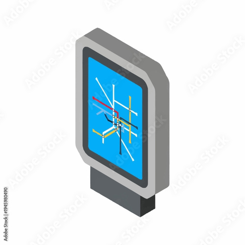 Isometric digital wayfinding kiosk with map display.
