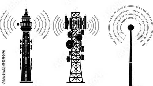 Black Silhouette Set of Telecommunication Towers and Radio Antenna for Mobile Phone Network Wireless Signal Broadcast and Global Digital Communication