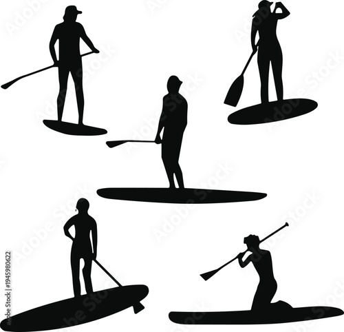 Black stand up paddleboarder silhouette collection featuring various people paddling on boards water sports icons and summer activity illustrations vector.
