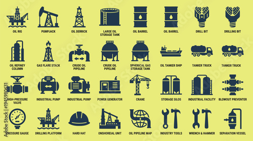 Petroleum Oil Industry Icons Set Solid Flat Vector Illustration