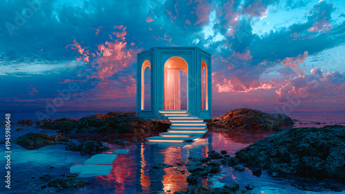 Kiosque et son escalier éclairé dans la nuit