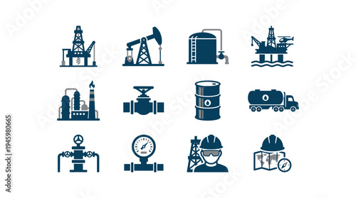 Petroleum Oil Industry Icons Set Solid Flat Vector Illustration