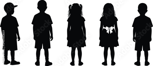 Children, silhouette, diversity, hairstyle, casual, pose, standing, group, kids, black, white, minimal, fashion, playful, outdoor, unity, youth, shadow, individuality, childhood