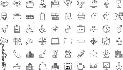 Business and Office Workspace Line Icon Set Featuring Professional Technology Communication Finance Corporate Management Infrastructure 