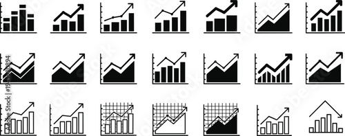 Business growth bar chart icon set with financial data analysis progress arrow and marketing statistic graph vector silhouette for success