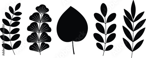 Collection of black leaf silhouettes and botanical branches isolated on white background for nature inspired design projects and floral patterns,