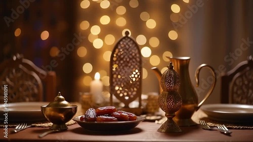 Wallpaper Mural Elegant dinner table setup with golden decor, lit candle, and festive background lights for a special occasion or holiday meal Torontodigital.ca