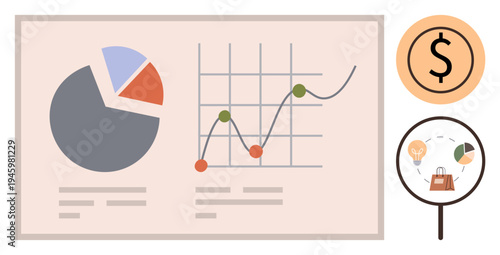 Business strategy, financial analysis, e-commerce, data visualization, market trends, economic growth. Pie chart and line graph with dollar icon and e-commerce elements. Financial analysis
