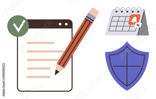 Organization, planning, productivity, reminders, protection, scheduling. A checklist with a checkmark, pencil calendar reminder and shield. Organization and planning concept