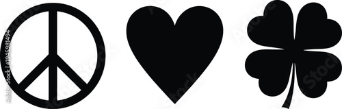 Peace sign, heart symbol, and four leaf clover silhouettes together representing harmony, love, and luck in vector illustration design