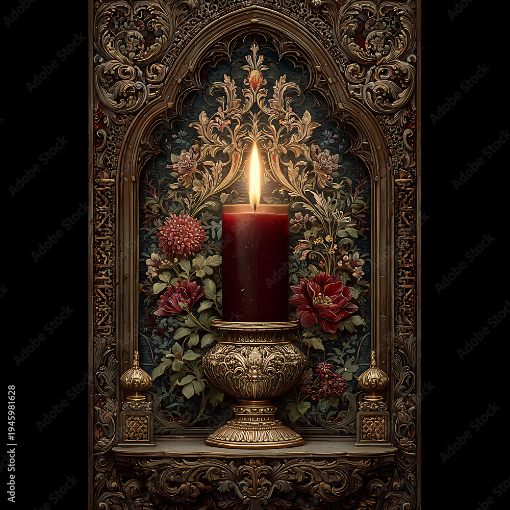 Obraz premium Ornate Stained Glass Arched Windows Illuminating Candlelit Baroque Gothic Chapel Interior With Sacred Architecture high resolution photo