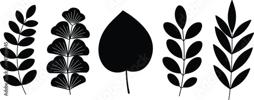 Collection of black leaf silhouettes and botanical branches isolated on white background for nature inspired design projects and floral patterns,