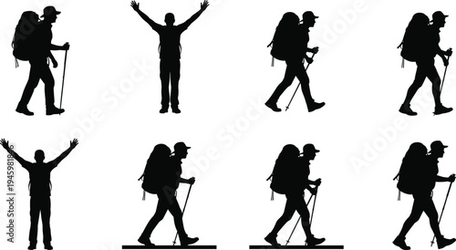Collection of hiker silhouettes featuring backpackers walking with trekking poles and celebrating on mountain peaks isolated for outdoor adventure designs.