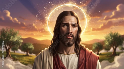 Wallpaper Mural Jesus Christ standing in serene landscape with glowing halo at sunset Torontodigital.ca
