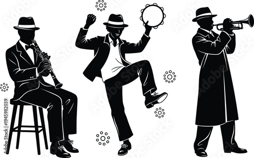 Three jazz musicians silhouettes playing clarinet, trumpet, and tambourine with musical notes, perfect vector illustration symbolizing jazz music performance energy