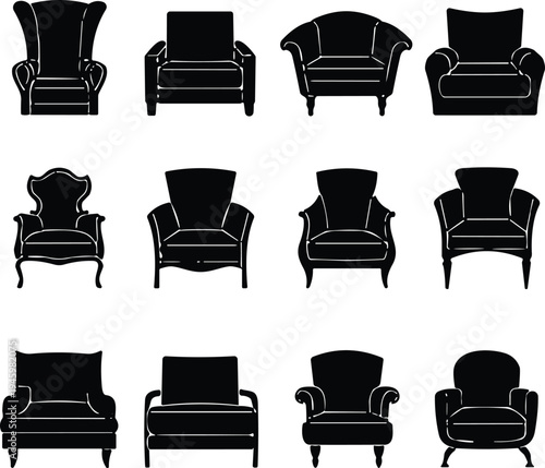 Collection of modern and classic armchair silhouettes, upholstered furniture vector icons for interior design, home decor, living room seating, black.