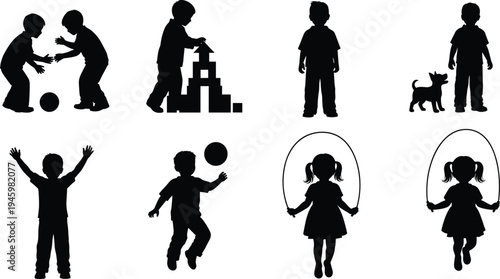 Collection of black silhouettes showing children playing with blocks jumping rope and ball isolated on white background for childhood design elements.