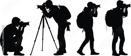 Collection of professional photographer silhouettes with cameras and tripods, various photography poses, men taking photos, paparazzi, isolated on white background