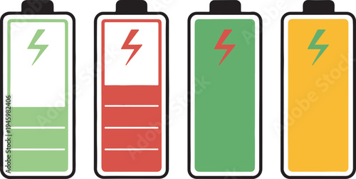 Battery level indicators. Colorful battery charge level icons. Battery power level pictograms in outline style. Vector
