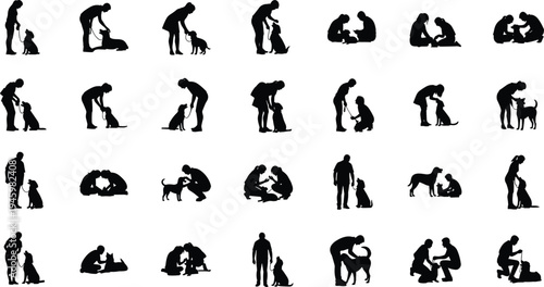 Collection of silhouettes featuring people training, playing, and walking dogs in various poses isolated on white background for pet concepts.