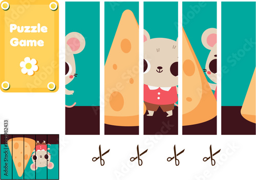 Animals Puzzle for toddlers with cute mouse and cheese. Match pieces and complete the picture. Educational game for children