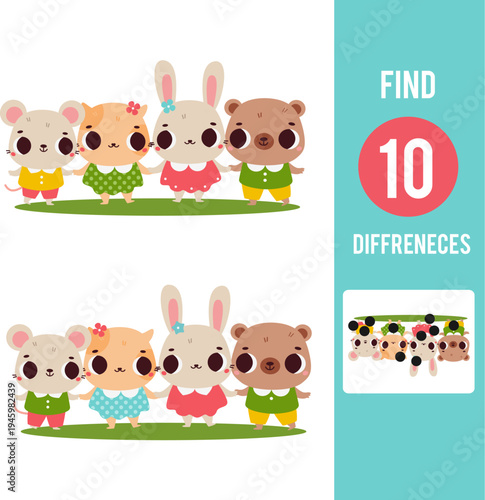 Find the differences educational game with answer. Kids activity with funny cartoon animals characters