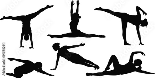 Collection of silhouettes featuring women performing advanced yoga poses including splits, handstands, and side planks for fitness and wellness concepts.