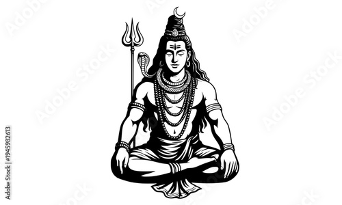 Lord Shiva sitting in meditation yoga pose with trishul black and white illustration for Hindu religious artwork, spiritual posters, tattoo designs, and devotional print materials
