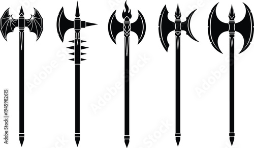 Collection of medieval and fantasy battle axe silhouettes featuring double headed blades, halberds, and war axes for gaming and weaponry designs.