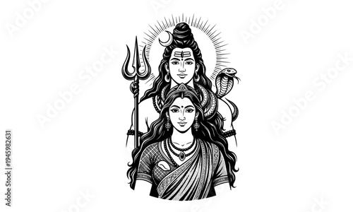 Lord Shiva and Parvati divine couple portrait with trishul and radiant halo black and white illustration for Hindu religious artwork, spiritual posters, wedding cards, and devotional print materials