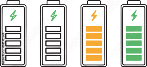 Battery level indicators. Colorful battery charge level icons. Battery power level pictograms in outline style. Vector