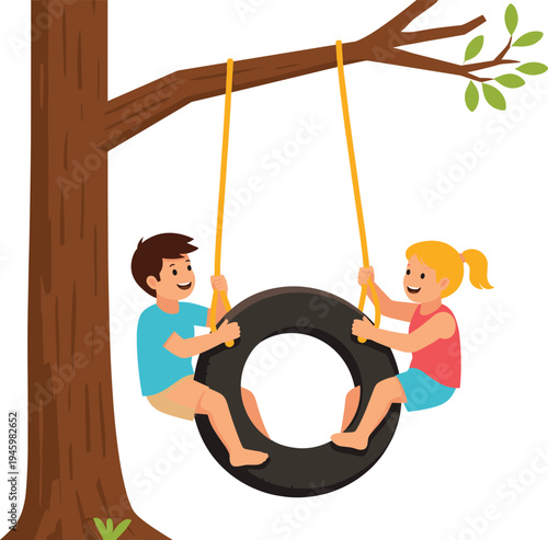 Happy children playing tire swing, tree branch outdoor summer fun, cartoon illustration siblings friendship childhood playground nature kids smiling activity