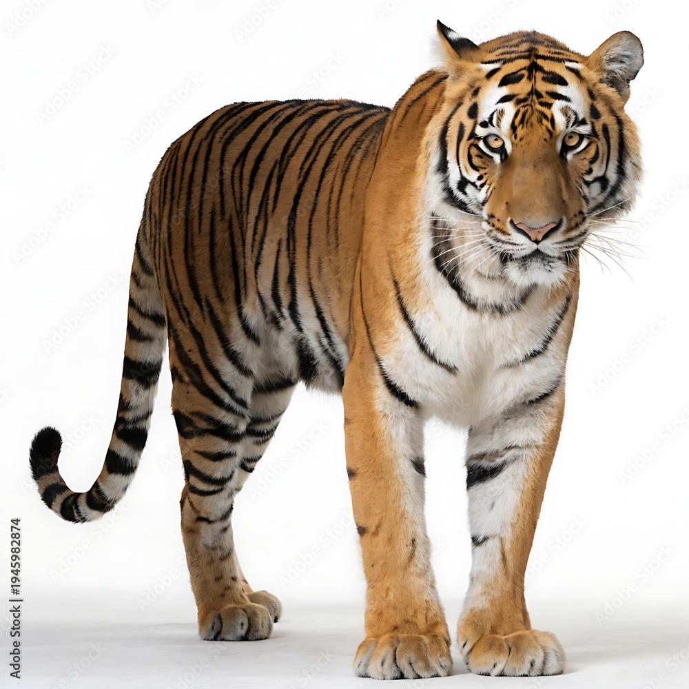 Fototapeta premium A majestic tiger standing confidently on a plain white background