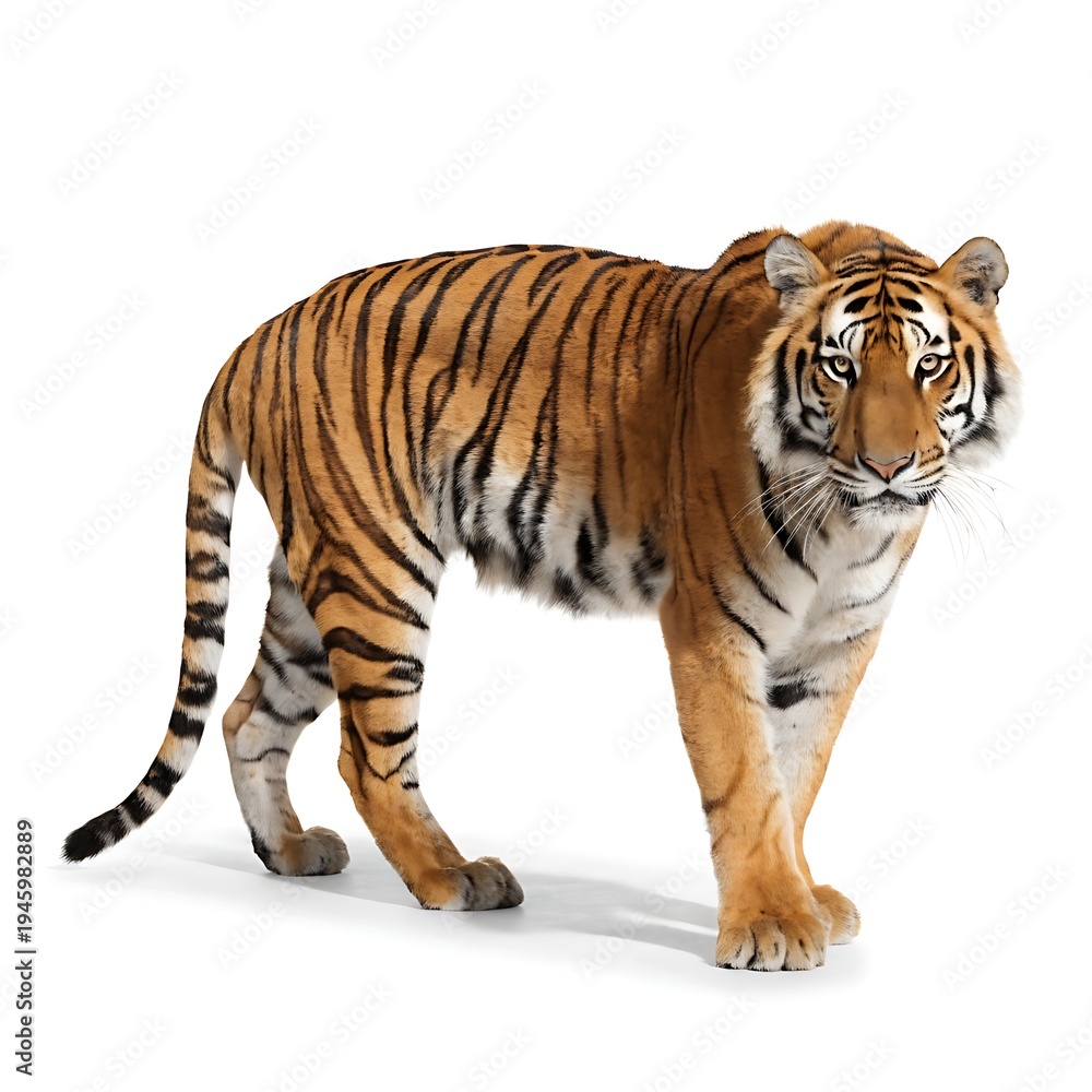 Obraz premium A majestic tiger walking towards the camera on a white background
