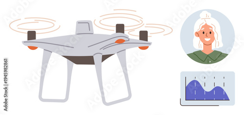 quadcopter technology, aerial data visualization, user interface, tech advancements, modern surveillance, delivery concepts. A flying Quadcopter, a person and a data chart illustrated. Drone